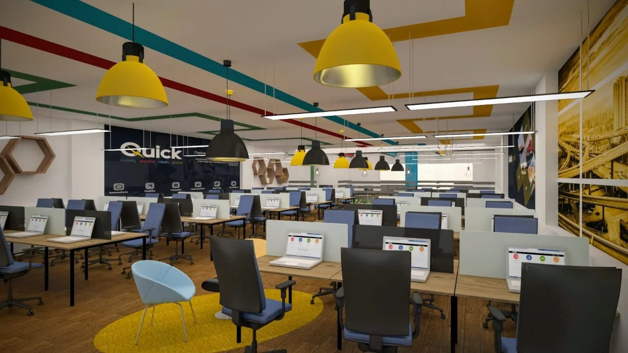 Render de diseño de oficina corporativa open space por Parámetro en Cali